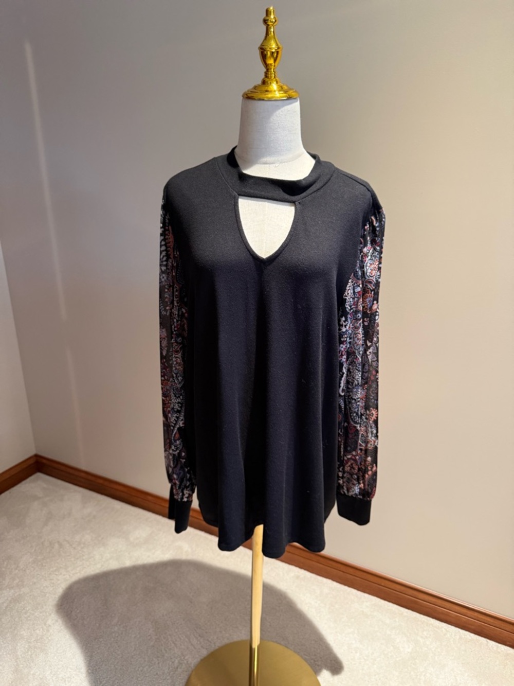 Maurices Black Keyhole Sweater with Printed Sheer Sleeves